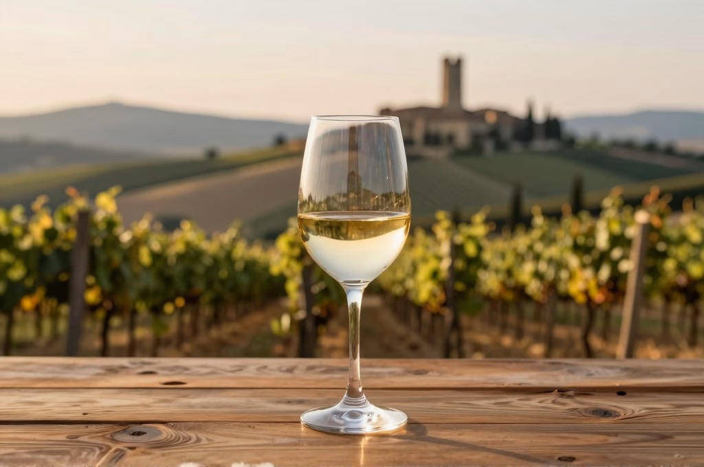 Verre de Vernaccia di San Gimignano avec vignobles et tours médiévales en arrière-plan