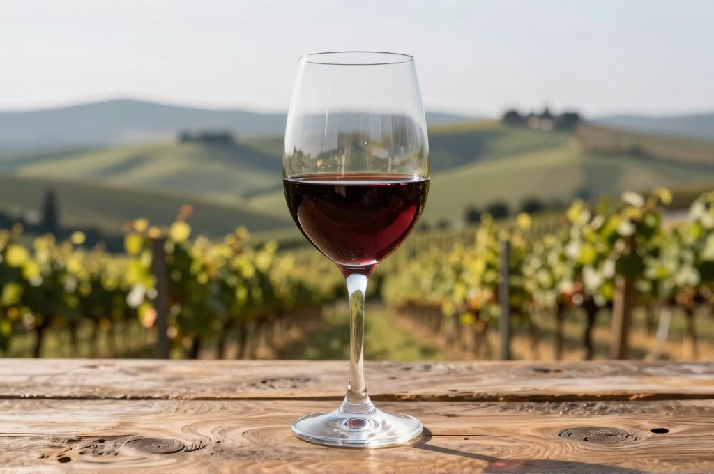 Verre de vin rouge Chianti Classico sur table rustique avec vignobles toscans en arriere-plan