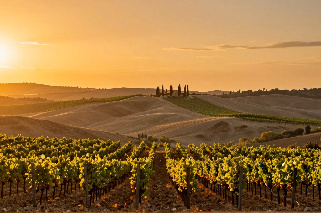 Rangees de vignes du Chianti au soleil couchant avec cypres et collines toscanes