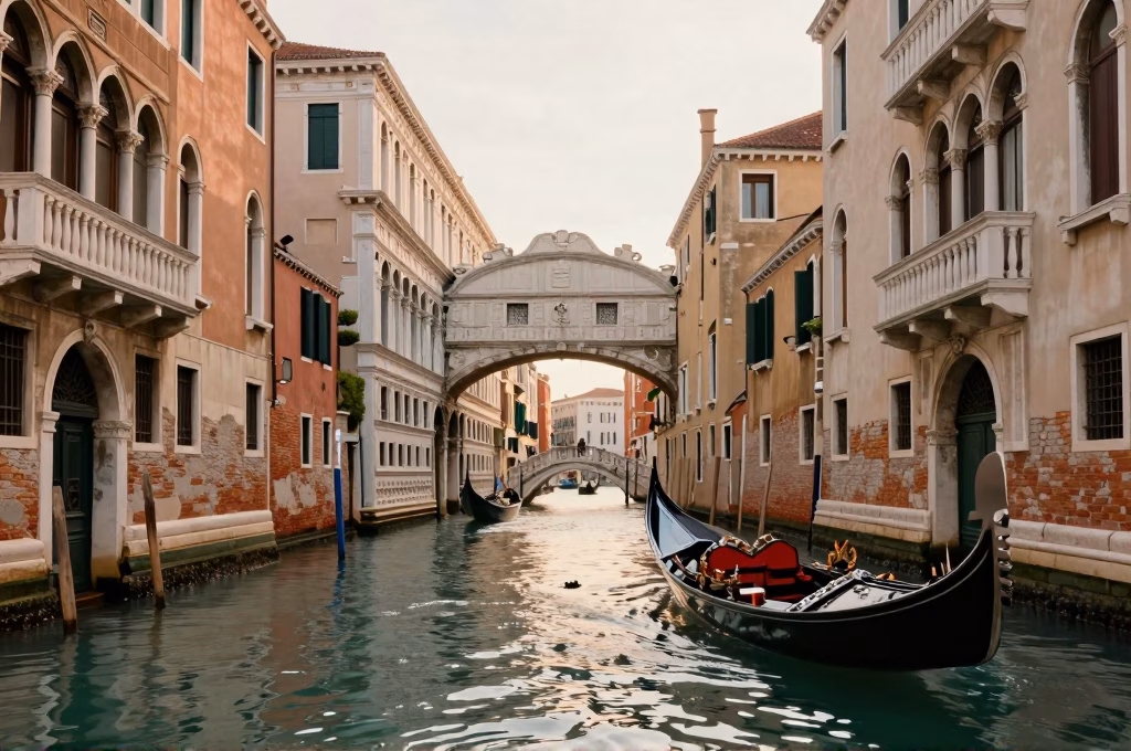Canal romantique de Venise avec gondoles traditionnelles et architecture historique colorée