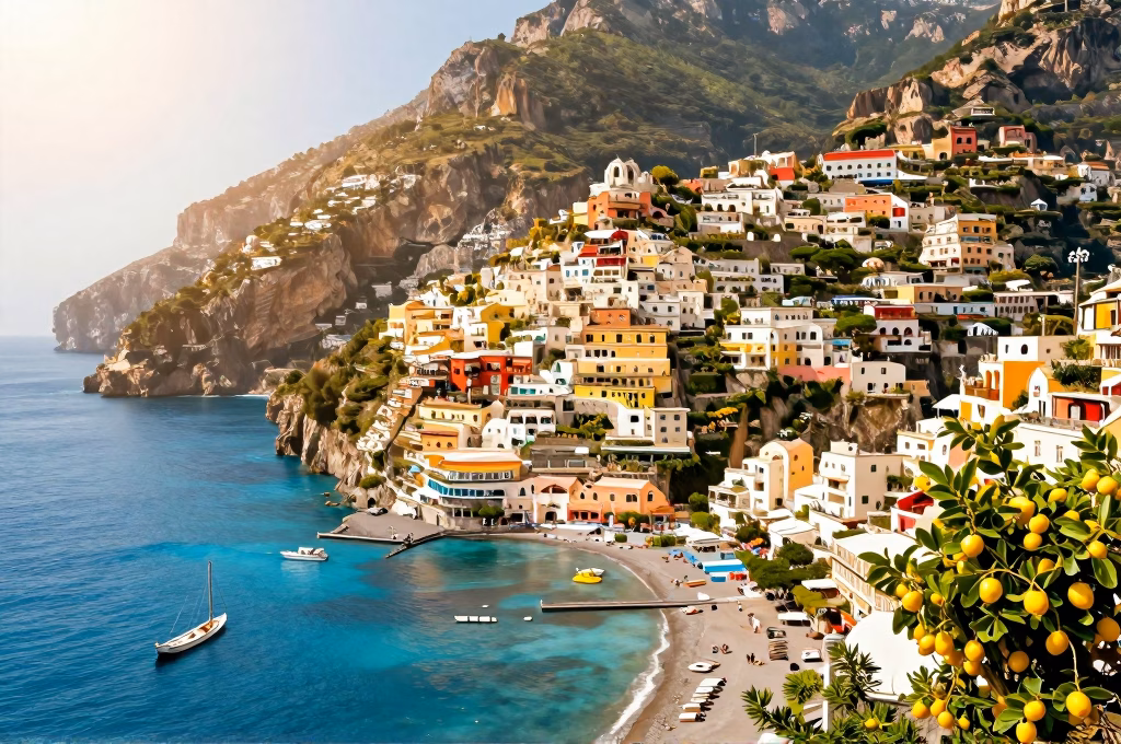 Vue panoramique de la cote amalfitaine avec mer turquoise et maisons colorees a flanc de falaise