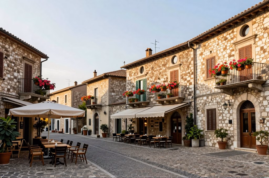 Place pittoresque d un village italien avec terrasse de cafe et facades fleuries