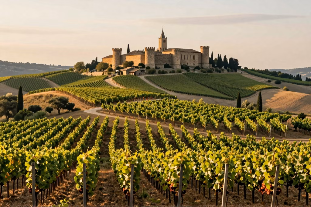 Vignobles du Brunello à Montalcino avec forteresse médiévale dans le Val d'Orcia