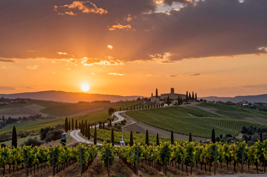 Coucher de soleil sur la vallee du Chianti avec vignobles, cypres et chateau medieval en silhouette
