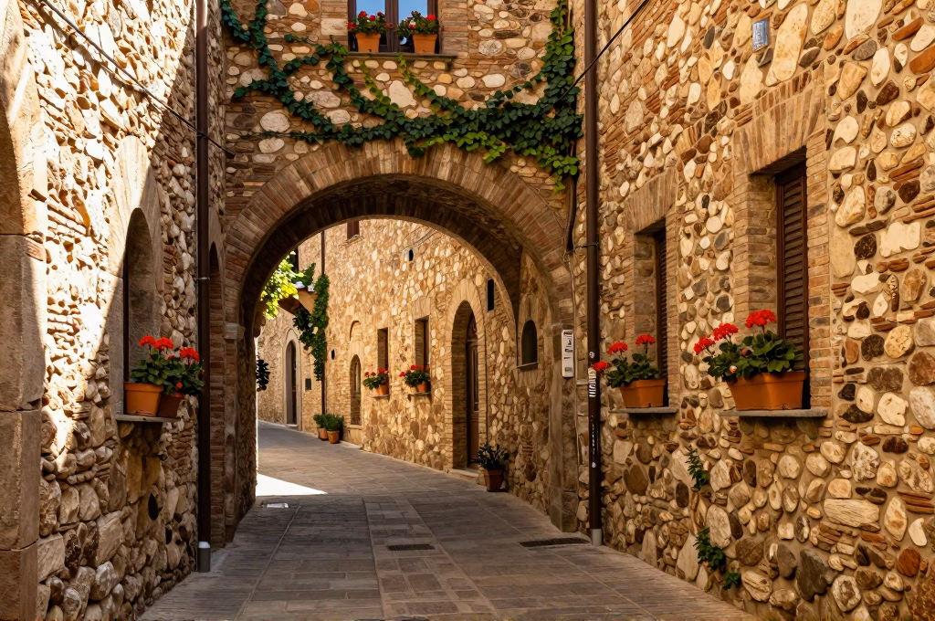 Ruelle medievale voutee dans un village du Chianti avec murs en pierre et geraniums aux fenetres