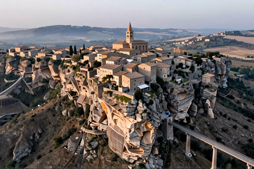 Vue aérienne de Civita di Bagnoregio perchée sur son éperon rocheux en Italie