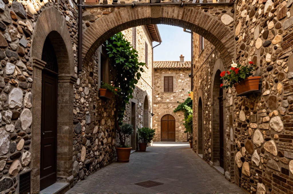 Ruelle pavée avec arches en pierre dans un village médiéval italien typique