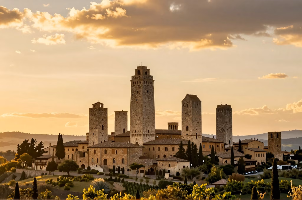 Vue panoramique de San Gimignano et ses tours médiévales au coucher du soleil en Toscane