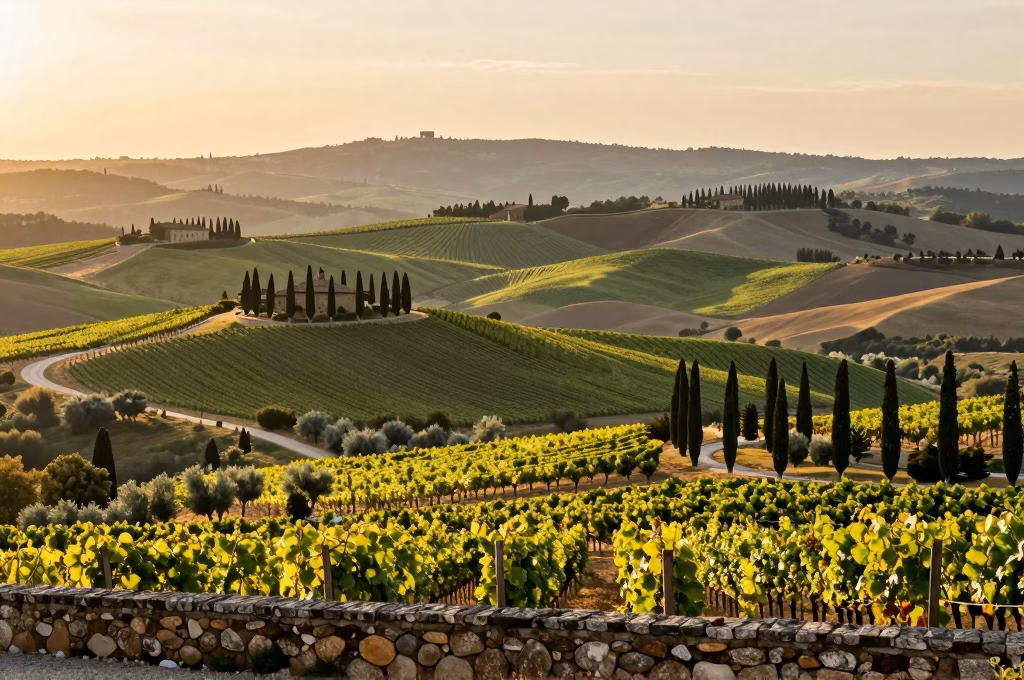 Panorama des vignobles et collines du Chianti depuis la terrasse d'un village perche medieval