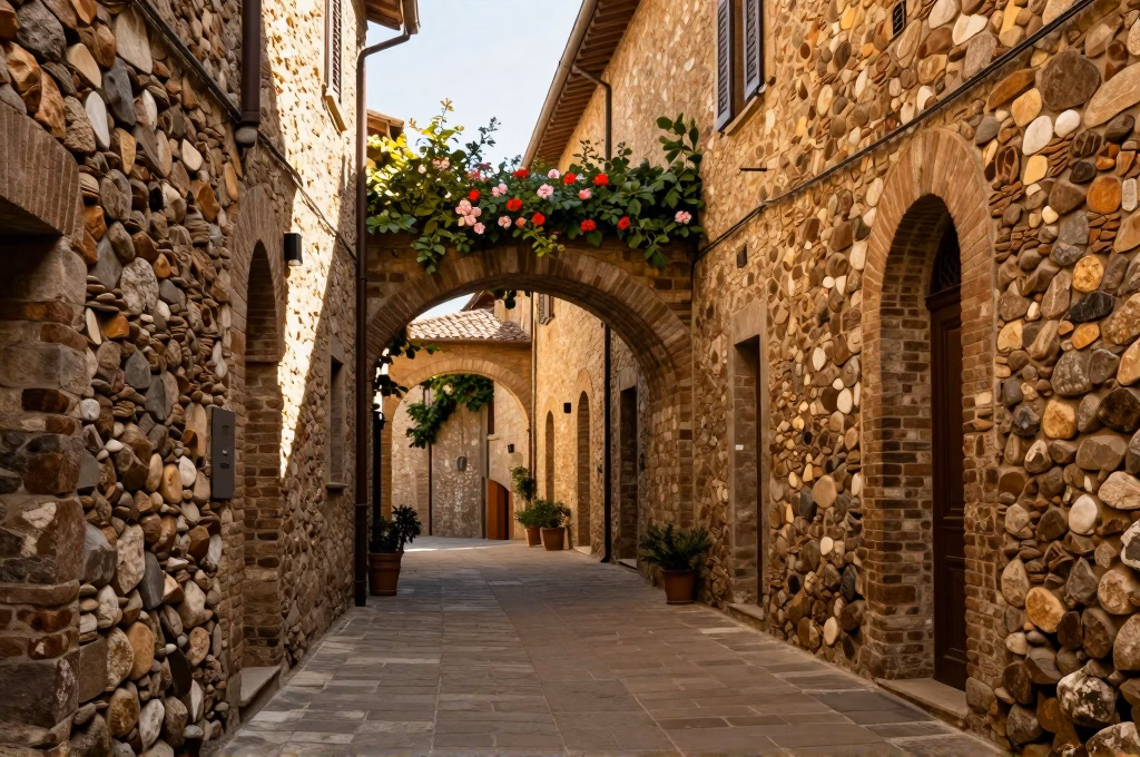 Ruelle medievale en pierre avec passage voute dans un village perche du Chianti toscan