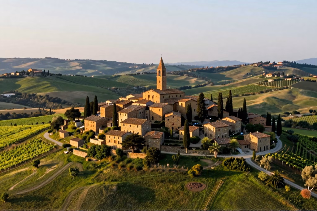 Village perche medieval du Chianti avec maisons en pierre et toits en terre cuite sur colline toscane