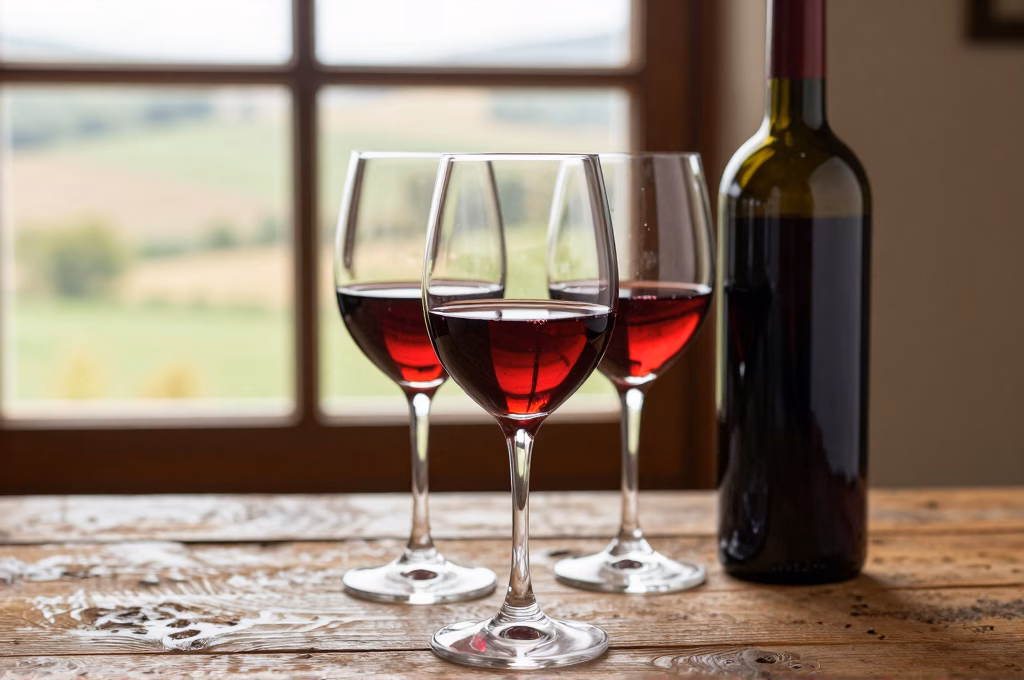 Verres de vin rouge Chianti et bouteille sur table rustique toscane, degustation professionnelle