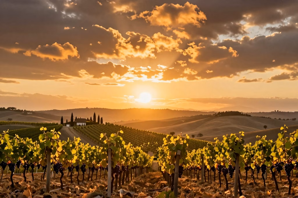 Vignoble du Chianti au coucher de soleil avec grappes de Sangiovese mures prets pour la vendange