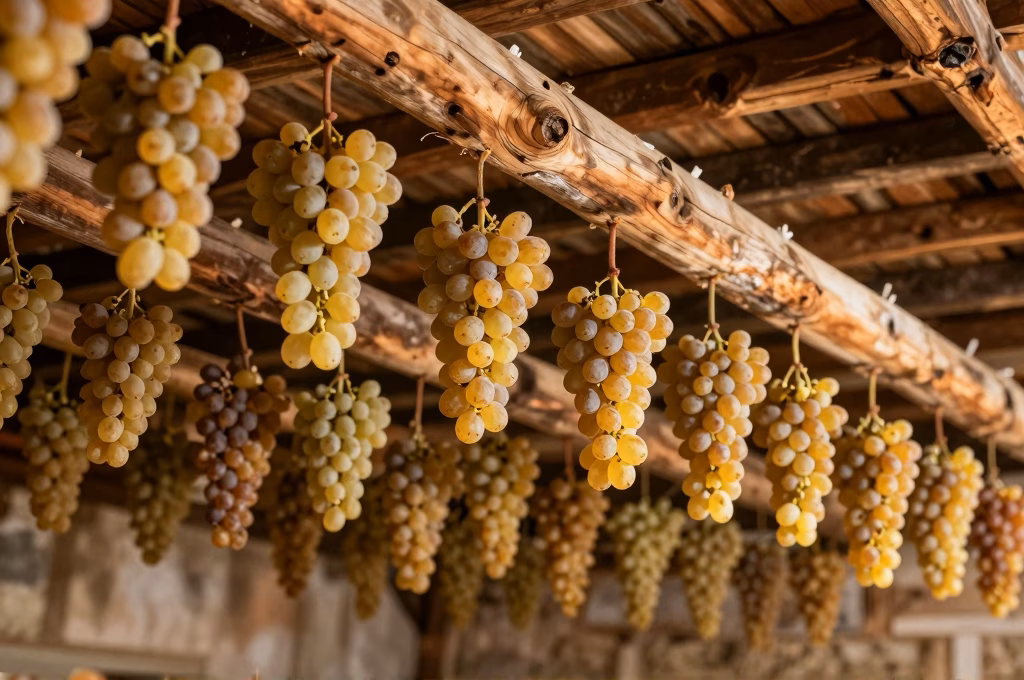 Grappes de raisin Trebbiano séchant sur claies en bois lors du passerillage toscan