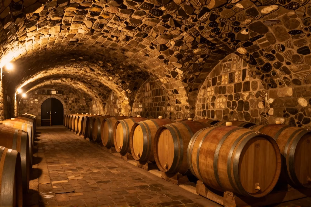 Cave ancienne toscane avec caratelli de Vin Santo vieillissant sous des voûtes en pierre