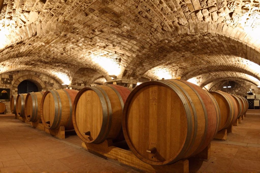 Cave historique à Montepulciano avec barriques de Vino Nobile, plafond en voûte de pierre et éclairage dramatique