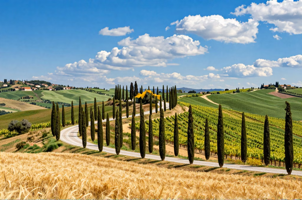 Paysage toscan avec cyprès, vignobles et champs de blé près de Montepulciano, ciel bleu avec nuages épars