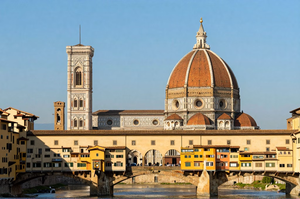 Vue emblématique de Florence avec le Duomo et le Ponte Vecchio au-dessus de l'Arno dans la lumière italienne
