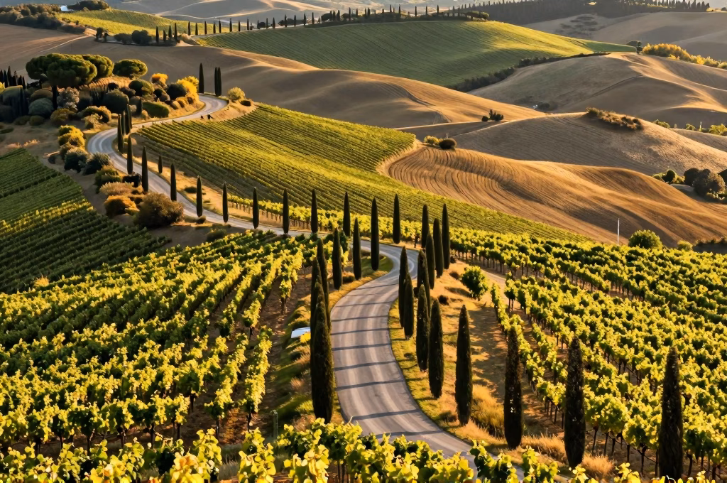 Route sinueuse traversant les vignobles du Chianti avec cyprès et collines toscanes sous la lumière dorée