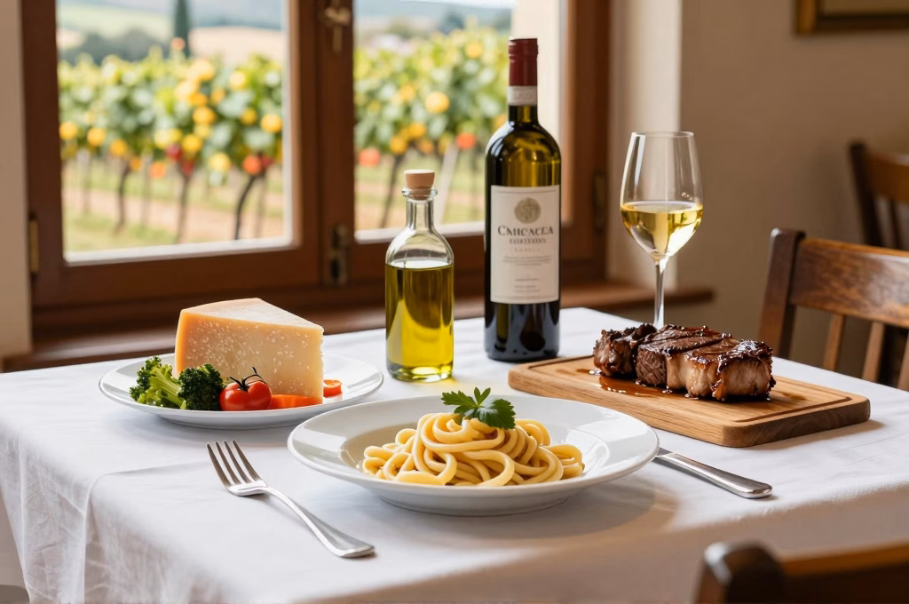 Table gastronomique toscane avec spécialités locales, vin du Chianti et vue sur les vignobles
