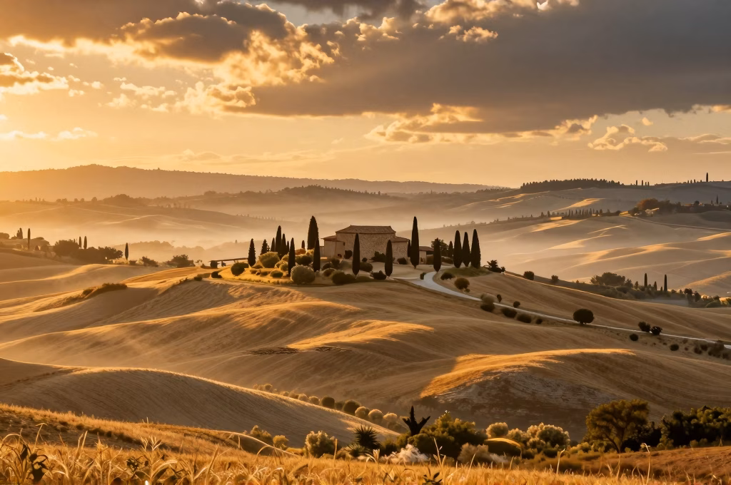 Vue panoramique du Val d'Orcia en Toscane avec collines dorées et cyprès au coucher du soleil