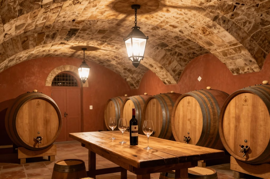 Cave toscane traditionnelle avec barriques de chêne et verres de vin prêts pour la dégustation