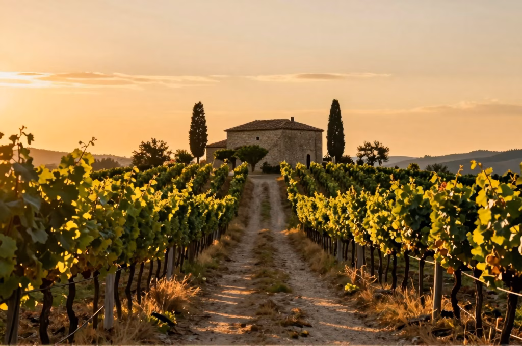 Chemin entre les rangées de vignes du Chianti au coucher du soleil doré