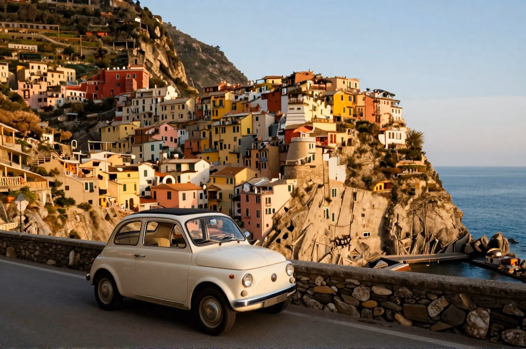 Voiture garee devant un village perche colore de la cote amalfitaine avec vue sur la mer