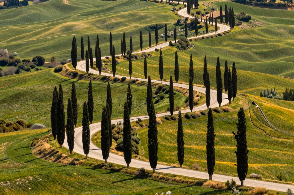 Route sinueuse bordee de cypres traversant les collines verdoyantes de Toscane