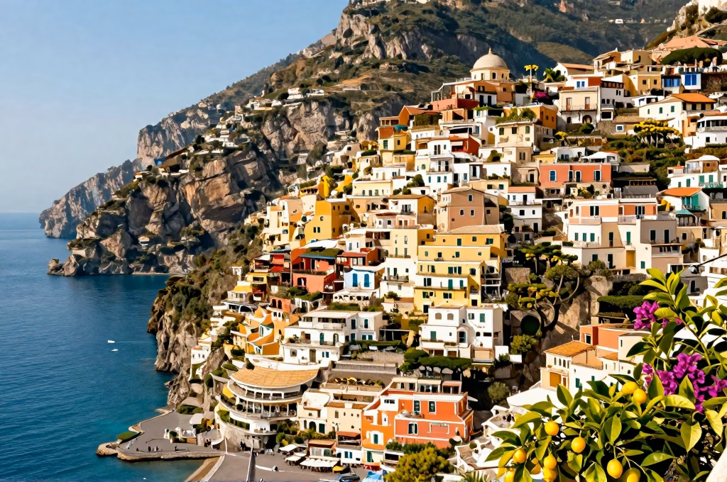 Maisons colorées accrochées aux falaises de la côte amalfitaine surplombant la mer