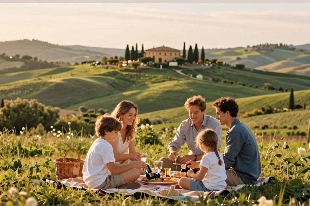 Famille pique-niquant dans la campagne toscane avec collines verdoyantes et cyprès
