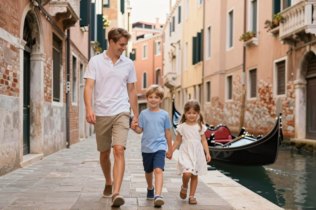 Famille découvrant les ruelles pittoresques de Venise avec gondoles et canaux