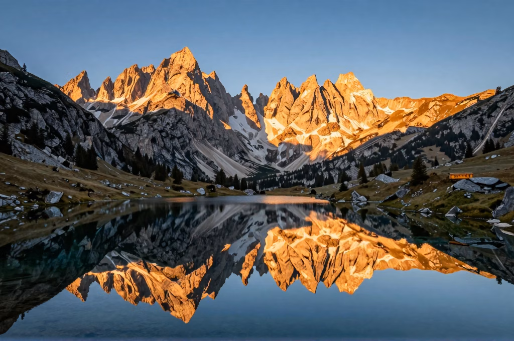 Vue panoramique majestueuse des Dolomites italiennes avec lac alpin au coucher du soleil