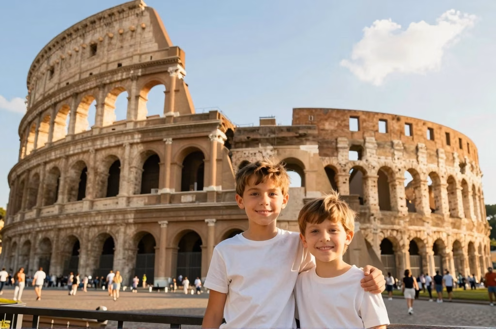 Famille visitant le Colisee de Rome avec des enfants emerveilles par le monument antique