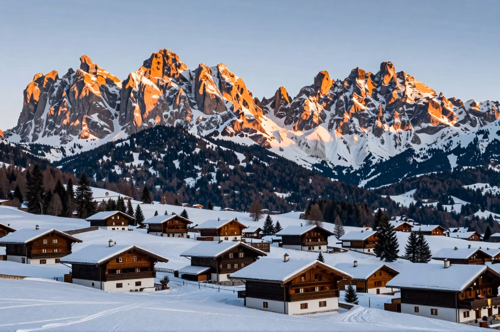 Dolomites enneigees avec village alpin italien au pied des sommets rocheux