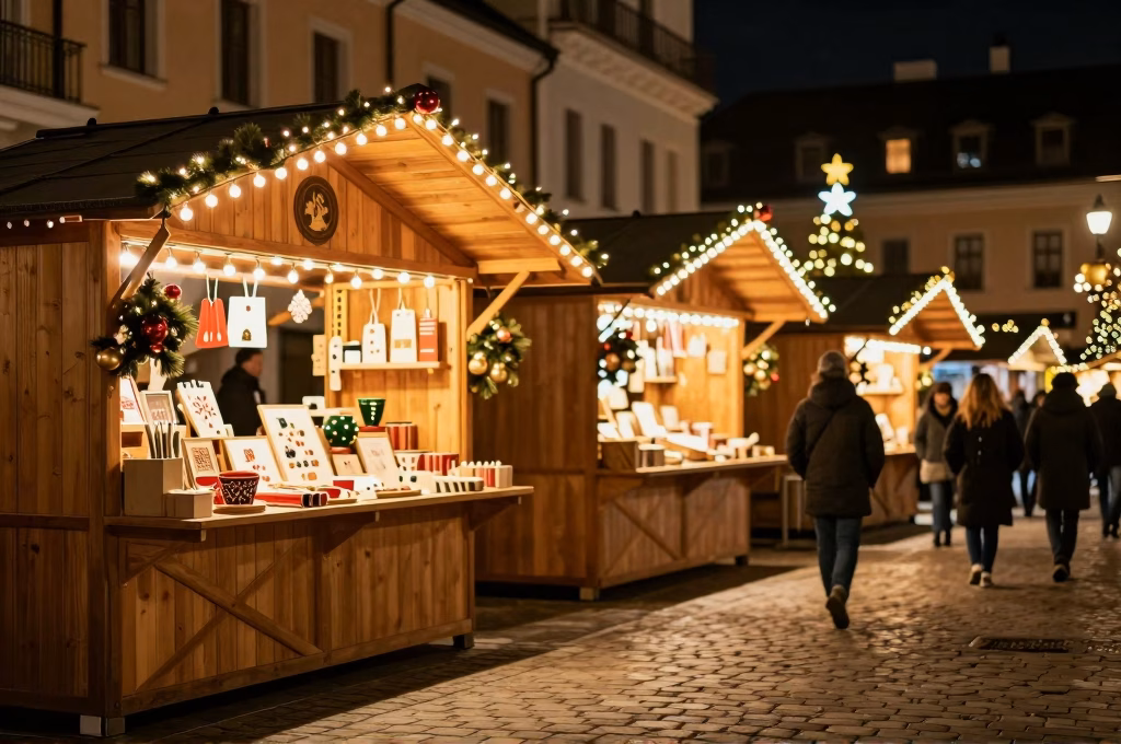 Marche de Noel italien illumine avec stands en bois et decorations festives