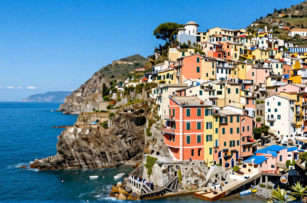Village coloré perché sur falaise méditerranéenne avec maisons pastel et mer azur