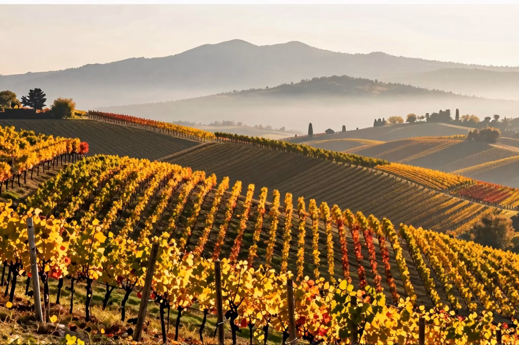 Vignobles en terrasses du Piémont aux couleurs automnales avec Alpes en arrière-plan