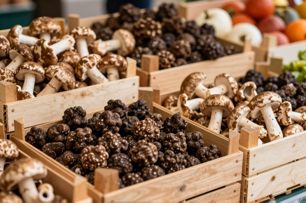 Marché italien d'automne avec truffes, champignons et produits de saison sur un étal rustique