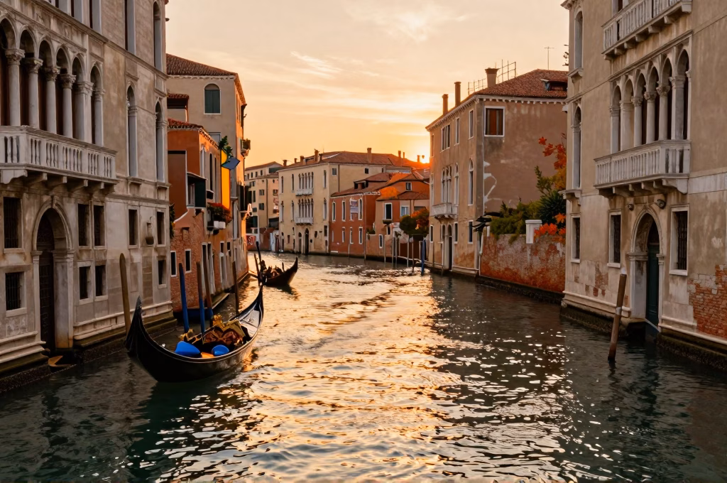 Venise en automne avec reflets dorés du coucher de soleil sur les canaux et gondoles