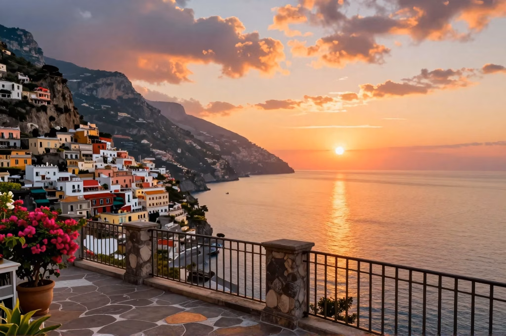 Terrasse panoramique avec vue sur la cote amalfitaine au coucher du soleil depuis un hotel tout compris