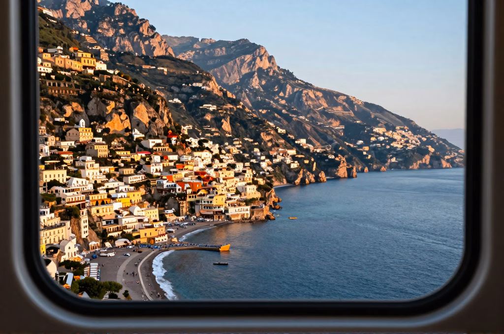 Vue panoramique sur la côte amalfitaine depuis une fenêtre de train avec villages colorés et mer azur